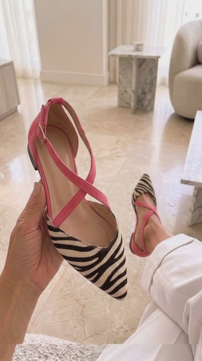 Women's Zebra Print Pointed Toe Flat Sandals – Stylish Summer Slip-On Shoes